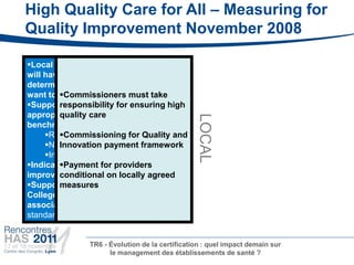 High Quality Care for All – Measuring for
Quality Improvement November 2008

Local teams and organisations
will have the freedom to
determine which metrics they
         Commissioners must take
want to measure internally
Supported by valid and ensuring high
         responsibility for
appropriate measures for
         quality care




                                                LOCAL
                                      TEAM
benchmarking:
     Regionally
         Commissioning for Quality and
     Nationally
         Innovation payment framework
     Internationally
Indicators will support
         Payment for providers
improvement & innovation
         conditional on locally agreed
Support of Royal
         measures
Colleges/Specialist
associations to use National
standards


               TR6 - Évolution de la certification : quel impact demain sur
                     le management des établissements de santé ?
 