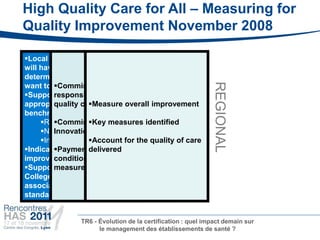 High Quality Care for All – Measuring for
Quality Improvement November 2008

Local teams and organisations
will have the freedom to
determine which metrics they
         Commissioners must take




                                                             REGIONAL
want to measure internally
Supported by valid and ensuring high
         responsibility for




                                                 TEAM
                    Measure
appropriate measures for overall improvement
         quality care




                                                  LOCAL
                                       TEAM
benchmarking:
     Regionally Key measures identified
         Commissioning for Quality and
     Nationally
         Innovation payment framework
     Internationally
                    Account for the quality of care
Indicators will support
         Paymentdelivered
                     for providers
improvement & innovation
         conditional on locally agreed
Support of Royal
         measures
Colleges/Specialist
associations to use National
standards


                TR6 - Évolution de la certification : quel impact demain sur
                      le management des établissements de santé ?
 