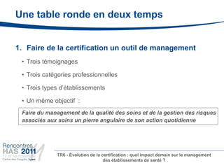Une table ronde en deux temps


1. Faire de la certification un outil de management
 • Trois témoignages

 • Trois catégories professionnelles

 • Trois types d’établissements

 • Un même objectif :
 Faire du management de la qualité des soins et de la gestion des risques
 associés aux soins un pierre angulaire de son action quotidienne




              TR6 - Évolution de la certification : quel impact demain sur le management
                                     des établissements de santé ?
 