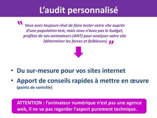 L’audit personnalisé
  ‟    Vous avez toujours rêvé de faire tester votre site auprès
        d’une population test, mais vous n’avez pas le budget,

                                                      „
      profitez de vos animateurs (ANT) pour analyser votre site
                  (déterminer les forces et faiblesses)




• Du sur-mesure pour vos sites internet
• Apport de conseils rapides à mettre en œuvre
 (points de contrôle)


  ATTENTION : l’animateur numérique n’est pas une agence
  web, il ne va pas regarder l’aspect purement technique.
 