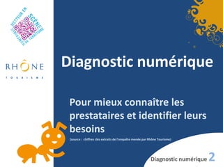 Diagnostic numérique

 Pour mieux connaître les
 prestataires et identifier leurs
 besoins
 (source : chiffres clés extraits de l’enquête menée par Rhône Tourisme)




                                                         Diagnostic numérique   2
 