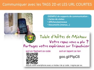 Communiquer avec les TAGS 2D et LES URL COURTES

                        EXEMPLE de supports de communication :
                       • Cartes de visites
                       • Affiches/panneaux
                       • Documents (menus…)
 