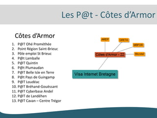 Les P@t - Côtes d’Armor

 Côtes d’Armor
1. P@T Ohé Prométhée
2. Point Région Saint-Brieuc
3. Pôle emploi St Brieuc
4. P@t Lamballe
5. P@T Quintin
6. P@t Plumaudan
7. P@T Belle Isle en Terre
8. P@t Pays de Guingamp
9. P@T Loudéac
10. P@T Bréhand-Gouëssant
11. P@T Cyberbase Andel
12. P@T de Landéhen
13. P@T Cavan – Centre Trégor
 