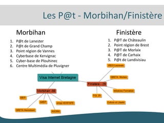 Les P@t - Morbihan/Finistère
     Morbihan                               Finistère
1.   P@t de Lanester                  1.   P@T de Châteaulin
2.   P@t de Grand Champ               2.   Point région de Brest
3.   Point région de Vannes           3.   P@T de Morlaix
4.   Cyberbase de Kervignac           4.   P@T de Carhaix
5.   Cyber-base de Plouhinec          5.   P@t de Landivisiau
6.   Centre Multimédia de Pluvigner
 