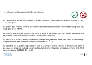 © SQS 10
La classificazione dei documenti presenti in azienda non risulta sistematicamente applicata ed efficace. - ISO
27001:2013 § 7.5
La gestione della continuità operativa non risultano sistematicamente documentate nelle metodiche e negli esiti. ISO
27001:2013 6.1.3 ( A.17.1)
La gestione della continuità operativa, così come le attività di “penetration tests” non risultato sistematicamente
documentate nelle metodiche e negli esiti. ISO 27001:2013 § 6.1.3 (A.17.1)
La politica per la sicurezza delle informazioni non contempla tutti gli elementi previsti dalla norma di riferimento (es.
tutti gli obiettivi per la sicurezza delle informazioni) ISO 27001:2013 § 5.2
La procedura per la gestione degli assets in caso di assunzione, cambio mansione e dimissioni, così come la
procedura per la gestione degli accessi, non risulta sufficientemente dettagliata e formalizzata nel merito delle attività
da porre in essere - ISO 27001:2013 (A.8.1)
….alcune criticità riscontrate negli audit
 