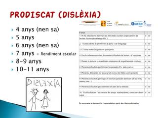 4 anys (nen sa)
 5 anys
 6 anys (nen sa)
 7 anys + Rendiment escolar
 8-9 anys
 10-11 anys
 