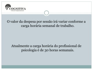 O valor da despesa por sessão irá variar conforme a
carga horária semanal de trabalho.

Atualmente a carga horária do profissional de
psicologia é de 30 horas semanais.

 