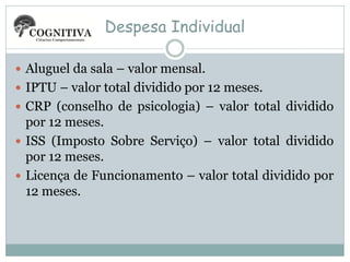 Despesa Individual
 Aluguel da sala – valor mensal.

 IPTU – valor total dividido por 12 meses.
 CRP (conselho de psicologia) – valor total dividido

por 12 meses.
 ISS (Imposto Sobre Serviço) – valor total dividido
por 12 meses.
 Licença de Funcionamento – valor total dividido por
12 meses.

 