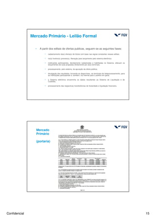 Confidencial 15
Mercado Primário - Leilão Formal
h A partir dos editais de ofertas publicas, seguem-se as seguintes fases:
h cadastramento da(s) oferta(s) de títulos com base nas regras constantes nesses editais;
h no(s) horário(s) previsto(s), liberação para lançamento pelo sistema eletrônico;
h instituições participantes, devidamente cadastradas e habilitadas no Sistema, efetuam os
lançamentos de suas propostas diretamente por seus terminais;
h processamento, pelo sistema, da apuração da oferta pública;
h divulgação dos resultados, tornando-os disponíveis, via terminais de teleprocessamento, para
as instituições participantes e, também, via internet para o público em geral;
h o Sistema eletrônico encaminha os dados resultantes ao Sistema de Liquidação e de
Custódia;
h processamento das respectivas transferências de titularidade e liquidação financeira.
Mercado
Primário
(portaria)
 