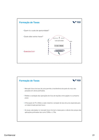 Confidencial 21
hQuem é o custo de oportunidade?
hQuais sãos outros riscos?
hExercício 3.4.1
Formação de Taxas
hoje futuro
? ? ? ! ! ! ? ? ?
Custo oportunidade
Outros Riscos
I = co + riscos
hMercado futuro de taxa de juros permite a transferência de parte do risco das
posições em ativos prefixados.
hReflete a oscilação das operações de troca de liquidez entre papéis no curtíssimo
prazo
hA flutuação do PU reflete a cada instante a variação da taxa de juros esperada para
um determinado período futuro
hAs taxas calculadas no mercado futuro formam a base para o cálculo dos preços das
aplicações prefixadas tais como CDBs e LTNs
Formação de Taxas
 