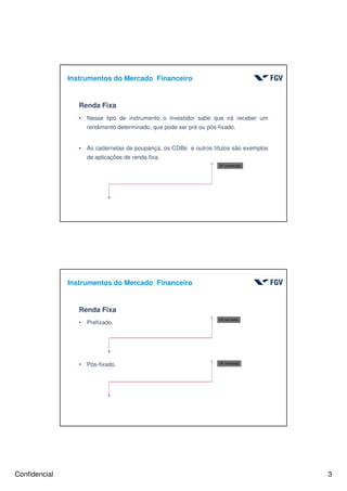 Confidencial 3
Renda Fixa
• Nesse tipo de instrumento o investidor sabe que irá receber um
rendimento determinado, que pode ser pré ou pós-fixado.
• As cadernetas de poupança, os CDBs e outros títulos são exemplos
de aplicações de renda fixa.
VF conhecido
Instrumentos do Mercado Financeiro
Renda Fixa
• Prefixado.
• Pós-fixado.
VF em reais
VF indexado
Instrumentos do Mercado Financeiro
 