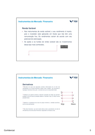 Confidencial 5
Renda Variável
• Nos instrumentos de renda variável, o seu rendimento é incerto,
pois o investidor está aplicando em títulos que não têm uma
remuneração fixa. Os rendimentos variam de acordo com seu
potencial de valorização.
• As ações e os fundos de renda variável são os investimentos
desse tipo mais conhecidos.
VF
não conhecido
Instrumentos do Mercado Financeiro
Derivativos
4Mercados nos quais são negociados contratos referenciados em um ativo real
(mercadorias) ou em ativos financeiros (índices, taxas, moedas) com vencimento e
liquidação, financeira e física, para uma data futura, por um preço determinado.
4Viabilizam aos agentes produtivos realizarem operações de hedge que permitem
proteger do risco de preço as posições detidas no mercado à vista, ou mesmo futuras
posições físicas.
4Objetivam a transferência dos riscos de preços inerentes à atividade econômica,
entre os seus participantes.
4São ativos financeiros cujo valor resulta (deriva), total ou parcialmente, do valor de
mercadorias ou de outros ativos financeiros, negociados no mercado à vista
c
c
c
c
v
v
v
v
hoje futuro
Instrumentos do Mercado Financeiro
 