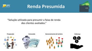 Renda Presumida
“Solução utilizada para presumir a faixa de renda
dos clientes avaliados.”
Prospecção Concessão Gerenciamento de Carteira Cobrança
 