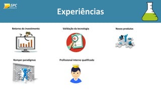 Experiências
Retorno do investimento Validação da tecnologia Novos produtos
Romper paradigmas Profissional interno qualificado
 