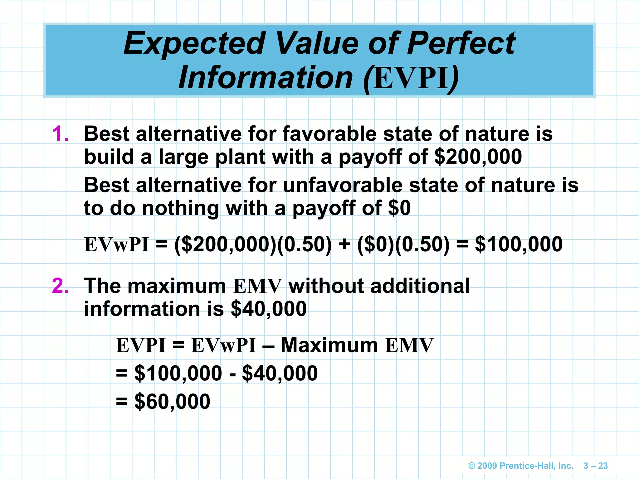 © 2009 Prentice-Hall, Inc. 3 – 23
Expected Value of Perfect
Information (EVPI)
1. Best alternative for favorable state of nature is
build a large plant with a payoff of $200,000
Best alternative for unfavorable state of nature is
to do nothing with a payoff of $0
EVwPI = ($200,000)(0.50) + ($0)(0.50) = $100,000
2. The maximum EMV without additional
information is $40,000
EVPI = EVwPI – Maximum EMV
= $100,000 - $40,000
= $60,000
 