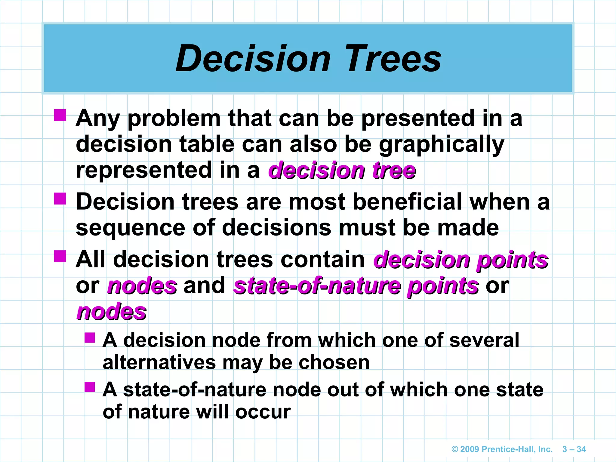© 2009 Prentice-Hall, Inc. 3 – 34
Decision Trees
 Any problem that can be presented in a
decision table can also be graphically
represented in a decision treedecision tree
 Decision trees are most beneficial when a
sequence of decisions must be made
 All decision trees contain decision pointsdecision points
or nodesnodes and state-of-nature pointsstate-of-nature points or
nodesnodes
 A decision node from which one of several
alternatives may be chosen
 A state-of-nature node out of which one state
of nature will occur
 