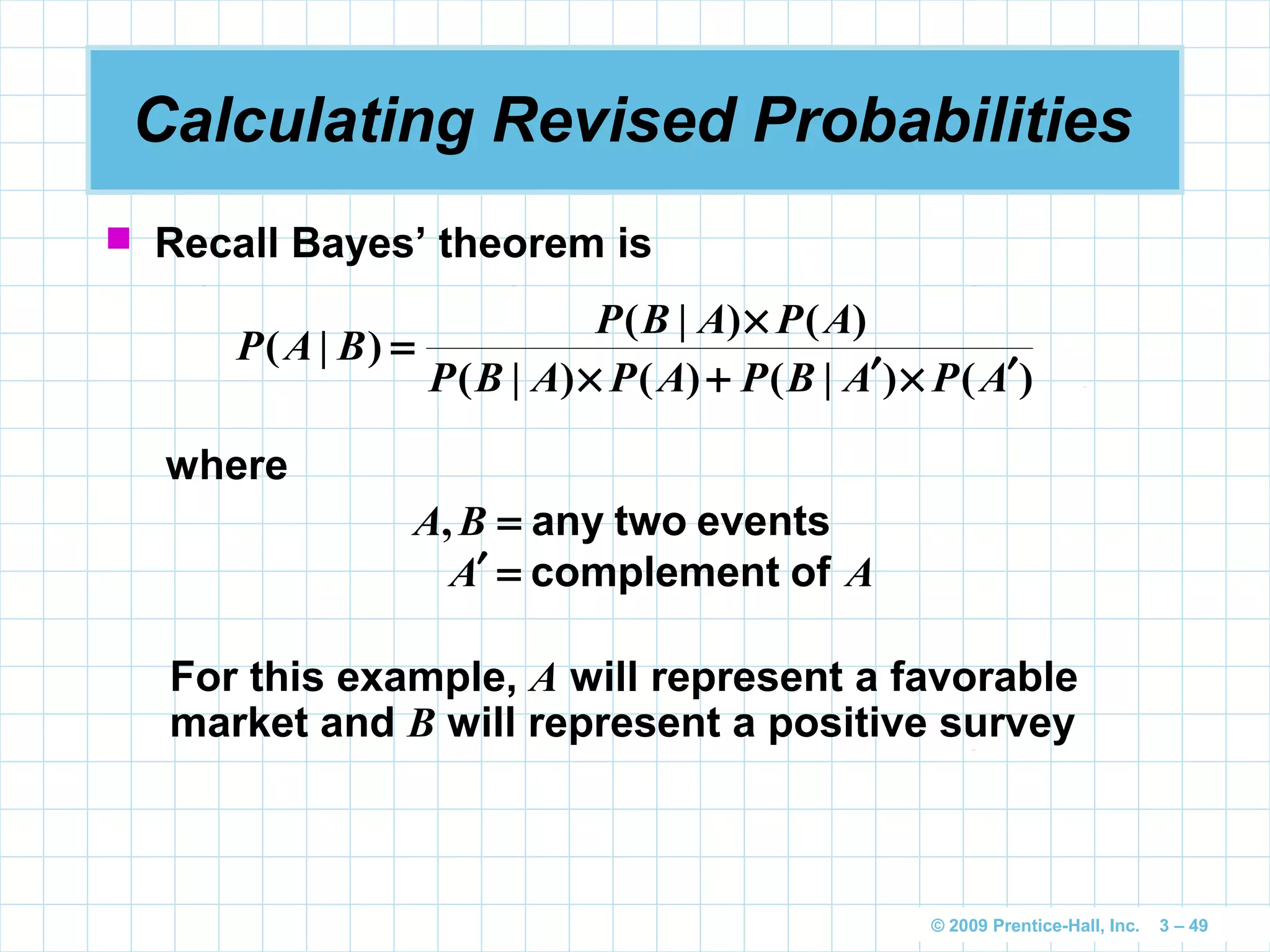 © 2009 Prentice-Hall, Inc. 3 – 49
Calculating Revised Probabilities
 Recall Bayes’ theorem is
)()|()()|(
)()|(
)|(
APABPAPABP
APABP
BAP
′×′+×
×
=
where
eventstwoany=BA,
AA ofcomplement=′
For this example, A will represent a favorable
market and B will represent a positive survey
 
