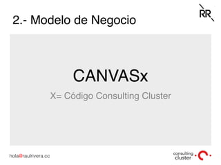 hola@raulrivera.cc!
CANVASx
X= Código Consulting Cluster
2.- Modelo de Negocio
 