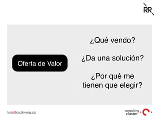 hola@raulrivera.cc!
Oferta de Valor
¿Qué vendo?
¿Da una solución?
¿Por qué me
tienen que elegir?
 