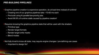 14
PRE-BUILDING PIPELINES
 Graphics pipeline creation is expensive operation, do at load time instead of runtime!
– Creating one of our graphics pipelines take ~10-60 ms each
– Pre-build using N parallel low-priority jobs
– Avoid 99.9% of runtime stalls caused by pipeline creation!
 Requires knowing the graphics pipeline state that will be used with the shaders
– Primitive type
– Render target formats
– Render target write masks
– Blend modes
 Not fully trivial to know all state, may require engine changes / pre-defining use cases
– Important to design for!
 