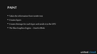 PAINT
• Takes the information from render tree
• Creates layers
• Creates bitmaps for each layer and sends it to the GPU
• The SkiaGraphics Engine – Used in Blink
 
