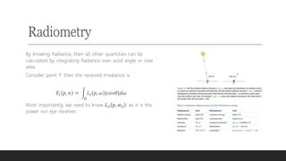 Radiometry
By knowing Radiance, then all other quantities can be
calculated by integrating Radiance over solid angle or over
area.
Consider point P, then the received Irradiance is
𝐸! 𝑝, 𝑛 = !
"
𝐿! 𝑝, 𝜔 |𝑐𝑜𝑠𝜃|𝑑𝜔
Most importantly, we need to know 𝐿# 𝑝, 𝑤# , as it is the
power our eye receives.
 