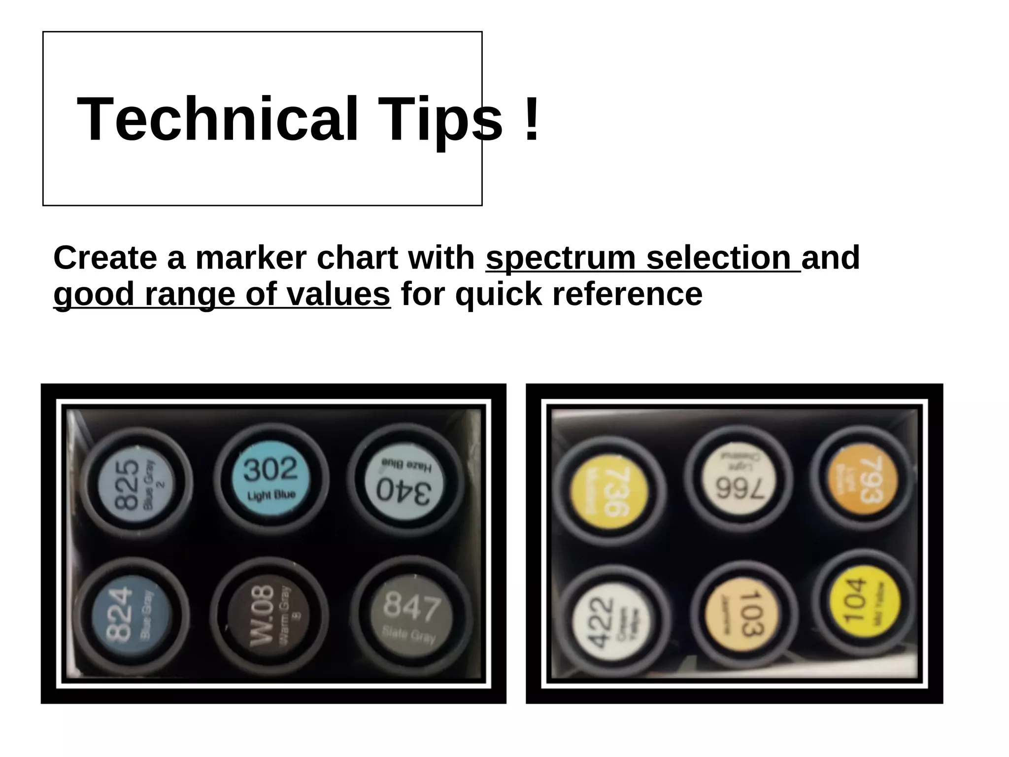 Technical Tips !
Create a marker chart with spectrum selection and good range of
values for quick reference
 