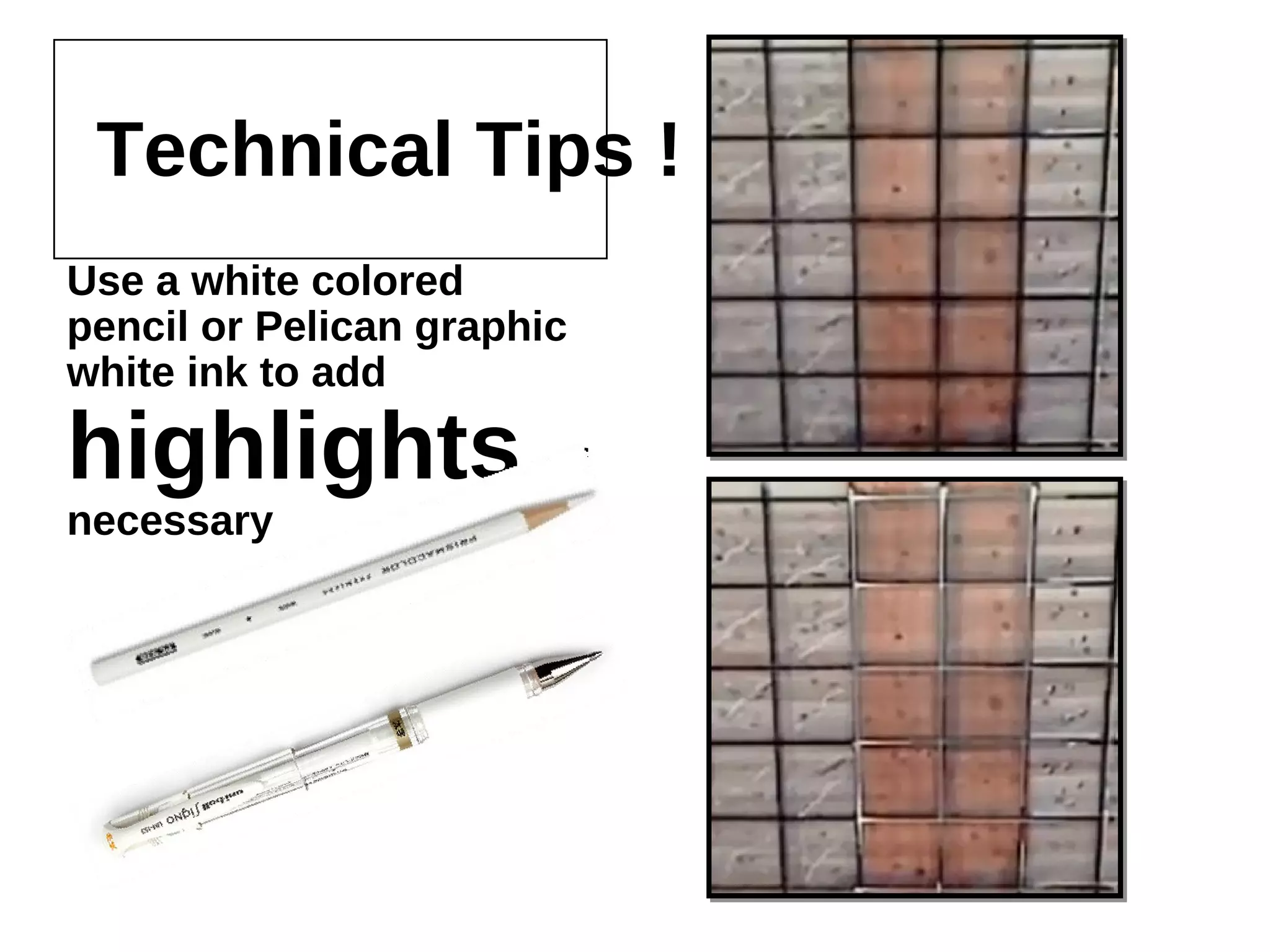 Technical Tips !
Use a white colored pencil or
Pelican graphic white ink to
add highlights of
necessary
 