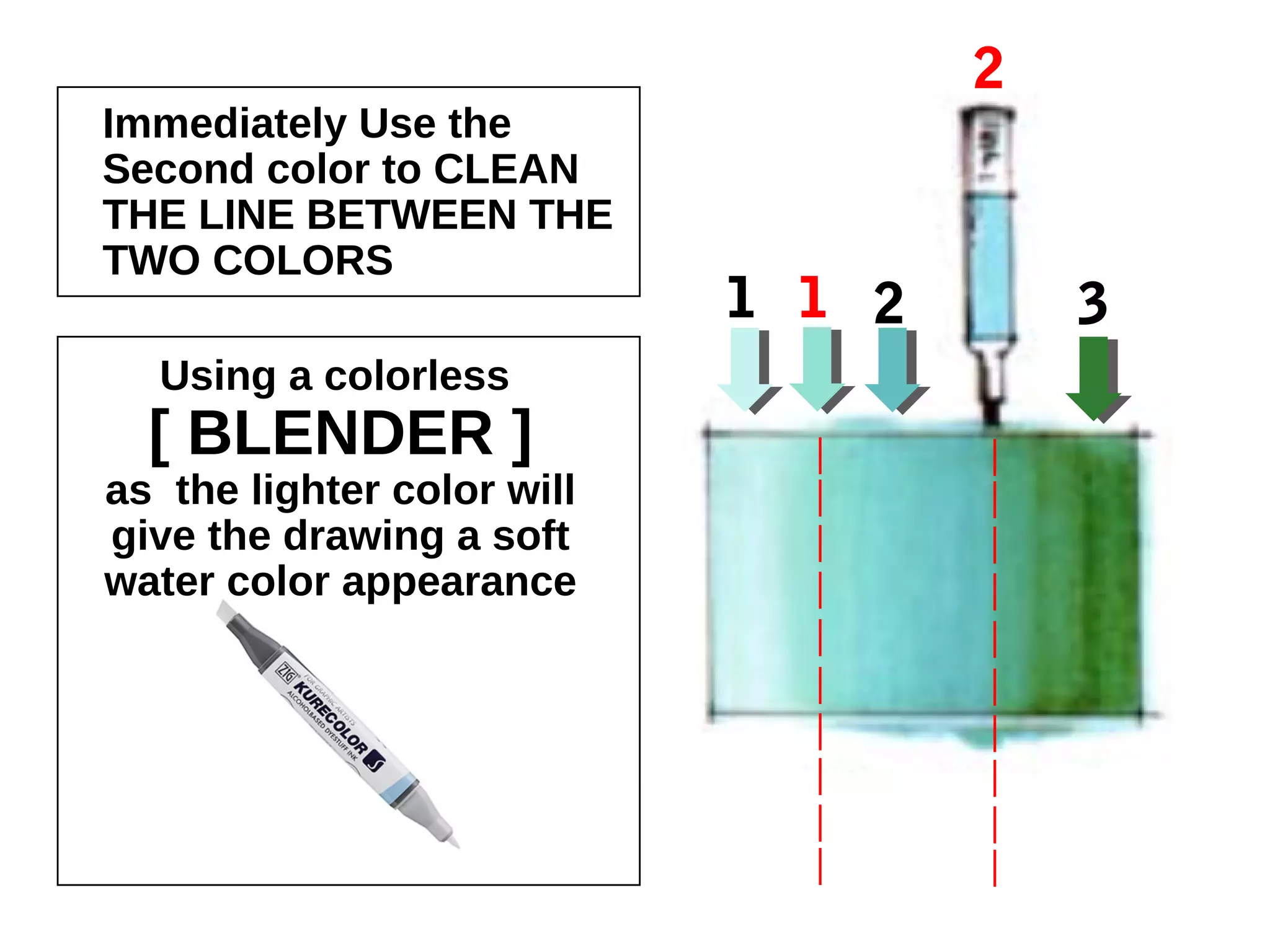 Immediately Use the Second
color to CLEAN THE LINE
BETWEEN THE TWO COLORS
Using a colorless
[ BLENDER ]
as the lighter color will give
the drawing a soft water color
appearance
 