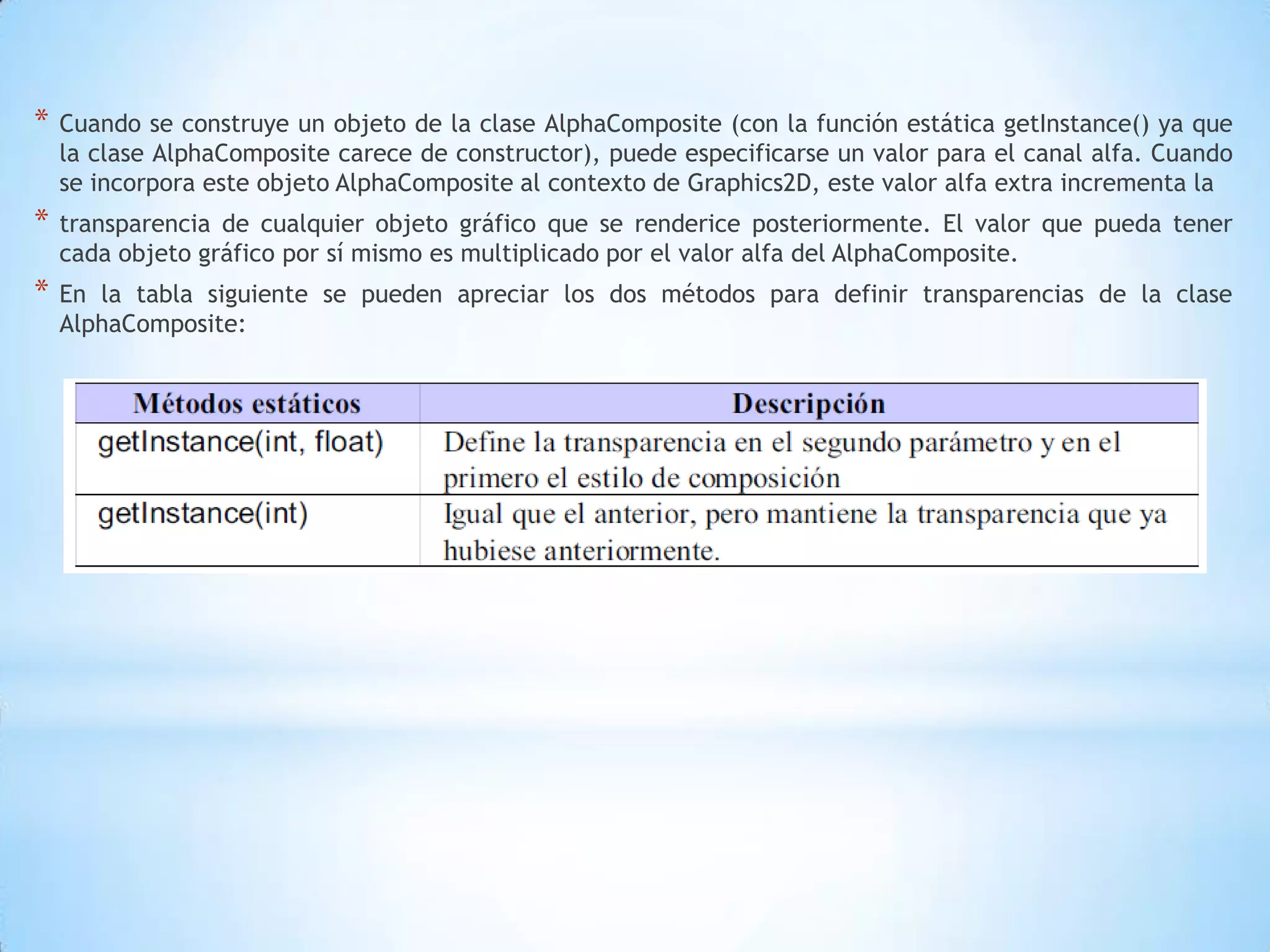 *   Cuando se construye un objeto de la clase AlphaComposite (con la función estática getInstance() ya que
    la clase AlphaComposite carece de constructor), puede especificarse un valor para el canal alfa. Cuando
    se incorpora este objeto AlphaComposite al contexto de Graphics2D, este valor alfa extra incrementa la
*   transparencia de cualquier objeto gráfico que se renderice posteriormente. El valor que pueda tener
    cada objeto gráfico por sí mismo es multiplicado por el valor alfa del AlphaComposite.
*   En la tabla siguiente se pueden apreciar los dos métodos para definir transparencias de la clase
    AlphaComposite:
 