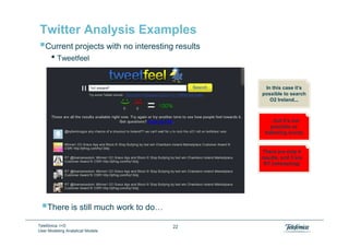 Twitter Analysis Examples
    Current projects with no interesting results
       • Tweetfeel

                           ...