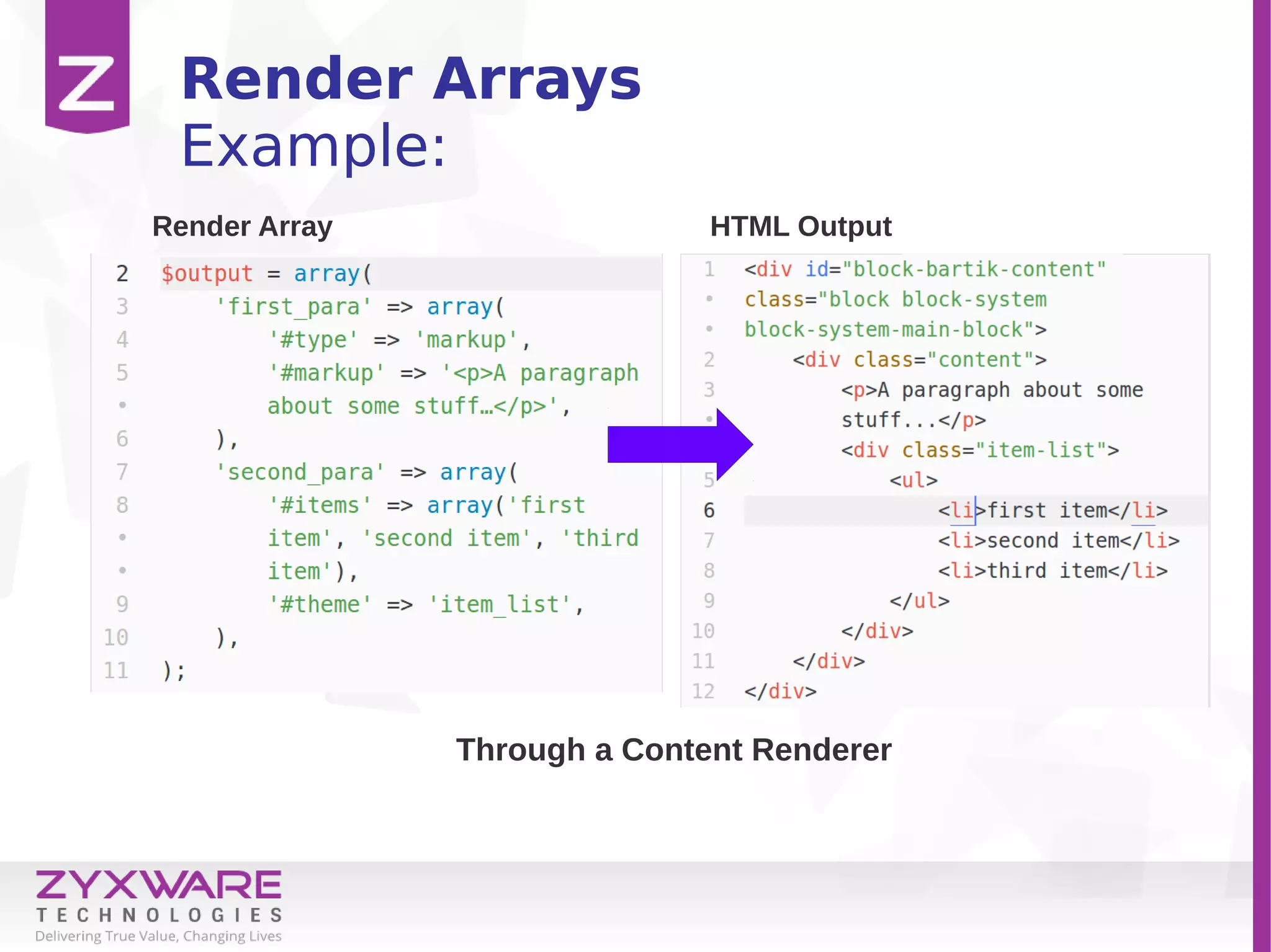 Render Arrays
Example:
Render Array HTML Output
Through a Content Renderer
 