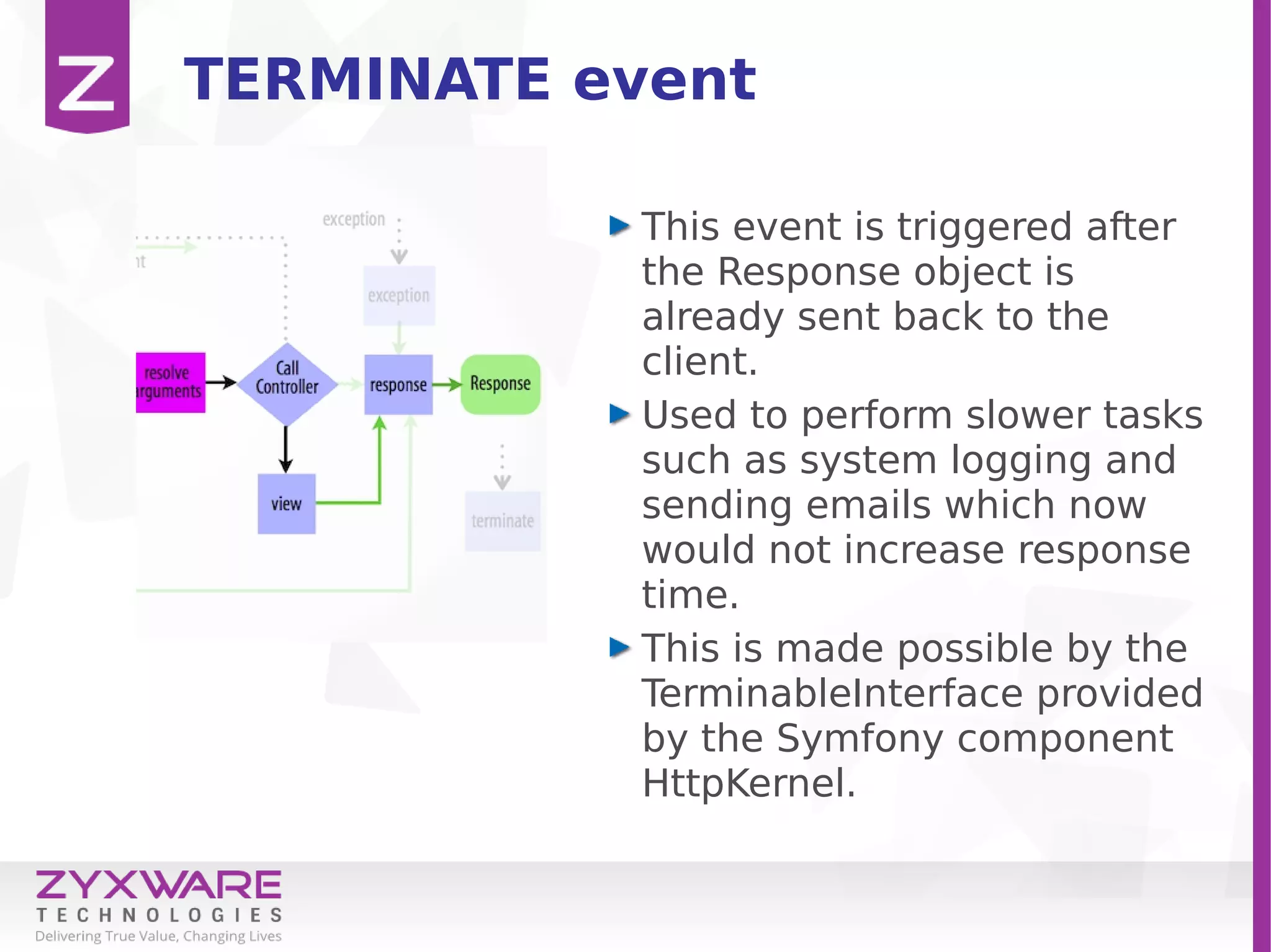 TERMINATE event
This event is triggered after
the Response object is
already sent back to the
client.
Used to perform slower tasks
such as system logging and
sending emails which now
would not increase response
time.
This is made possible by the
TerminableInterface provided
by the Symfony component
HttpKernel.
 