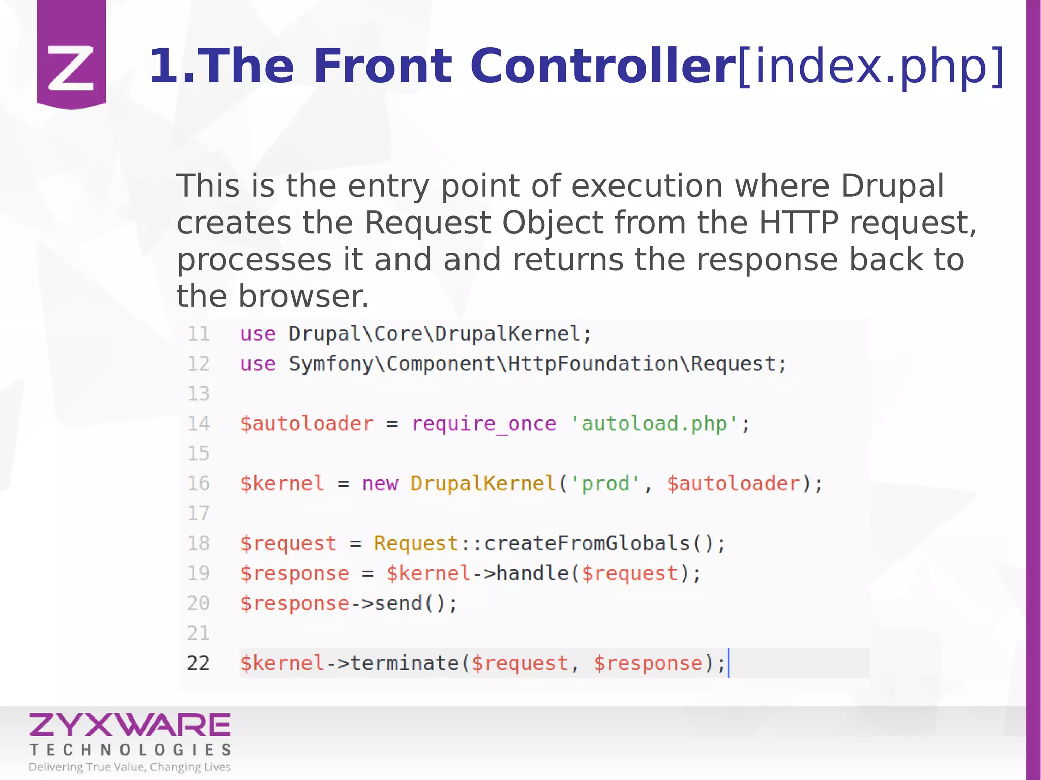 1.The Front Controller[index.php]
This is the entry point of execution where Drupal
creates the Request Object from the HTTP request,
processes it and and returns the response back to
the browser.
 