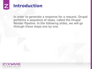 Introduction
In order to generate a response for a request, Drupal
performs a sequence of steps, called the Drupal
Render Pipeline. In the following slides, we will go
through these steps one by one.
 