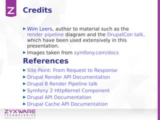 References
Site Point: From Request to Response
Drupal Render API Documentation
Drupal 8 Render Pipeline talk
Symfony 2 HttpKernel Component
Drupal API Documentation
Drupal Cache API Documentation
Credits
Wim Leers, author to material such as the
render pipeline diagram and the DrupalCon talk,
which have been used extensively in this
presentation.
Images taken from symfony.com/docs
 