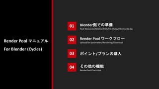 01
02
Pack Resources/Relative Path/File Output/Archive to Zip
03
Upload/Set parameters/Rendering/Download
04
RenderPool Cliant App
ポイント/プランの購入
Blender側での準備
Render Pool ワークフロー
その他の機能
Render Pool マニュアル
For Blender (Cycles)
 