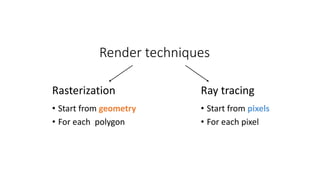 Render techniques
Rasterization Ray tracing
• Start from geometry
• For each polygon
• Start from pixels
• For each pixel