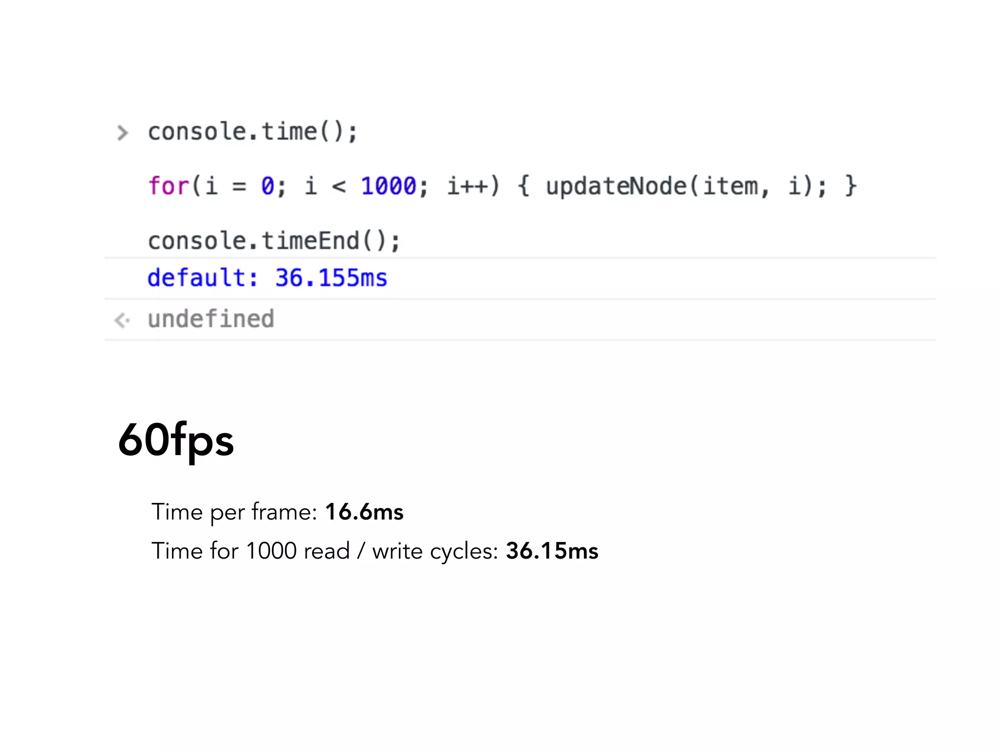 60fps
Time per frame: 16.6ms
Time for 1000 read / write cycles: 36.15ms
 