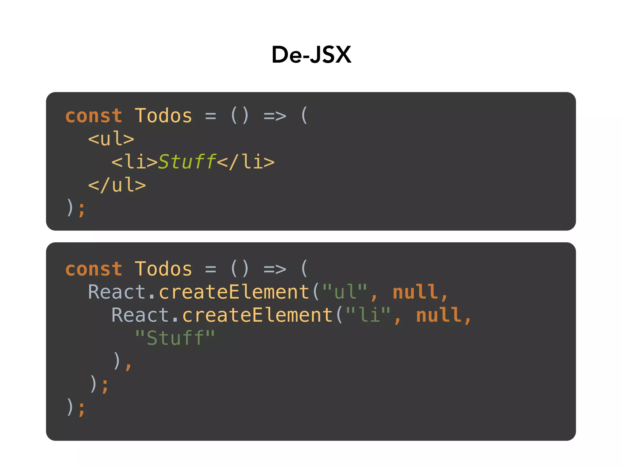 De-JSX
const Todos = () => ( 
<ul> 
<li>Stuff</li> 
</ul> 
); 
const Todos = () => ( 
React.createElement("ul", null, 
React.createElement("li", null, 
"Stuff" 
), 
); 
);
 