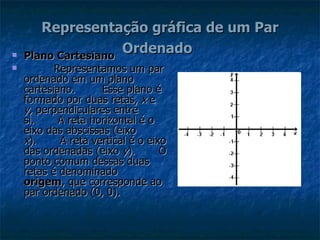 Representação gráfica de um Par Ordenado   Plano Cartesiano            Representamos um par ordenado em um plano cartesiano.        Esse plano é formado por duas retas,  x  e  y,  perpendiculares entre si.       A reta horizontal é o eixo das abscissas (eixo  x ).       A reta vertical é o eixo das ordenadas (eixo  y ).       O ponto comum dessas duas retas é denominado    origem , que corresponde ao par ordenado (0, 0). 