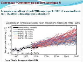Les modèles de climat virtuel CMIP5 repris par le GIEC (i) se contredisent
(ii) « chauffent » davantage que le climat réel
Figure TS.14(a) du rapport AR5 du GIEC
Consensus ? Comment ne pas être sceptique ?!
 