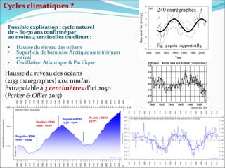 Possible explication : cycle naturel
de ~ 60-70 ans confirmé par
au moins 4 sentinelles du climat :
• Hausse du niveau des océans
• Superficie de banquise Arctique au minimum
estival
• Oscillation Atlantique & Pacifique
Year
1880 1900 1920 1940 1960 1980 2000
Sea
level
rise
(mm/yr)
-2
-1
0
1
2
3
4
5
(a)
Fig. 3.14 du rapport AR5
Cycles climatiques ?
Hausse du niveau des océans
(2133 marégraphes) 1,04 mm/an
Extrapolable à 3 centimètres d’ici 2050
(Parker & Ollier 2015)
240 marégraphes
 
