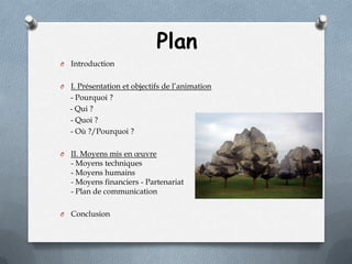Plan
O

Introduction

O

I. Présentation et objectifs de l’animation
- Pourquoi ?
- Qui ?
- Quoi ?
- Où ?/Pourquoi ?

O

II. Moyens mis en œuvre
- Moyens techniques
- Moyens humains
- Moyens financiers - Partenariat
- Plan de communication

O

Conclusion

 