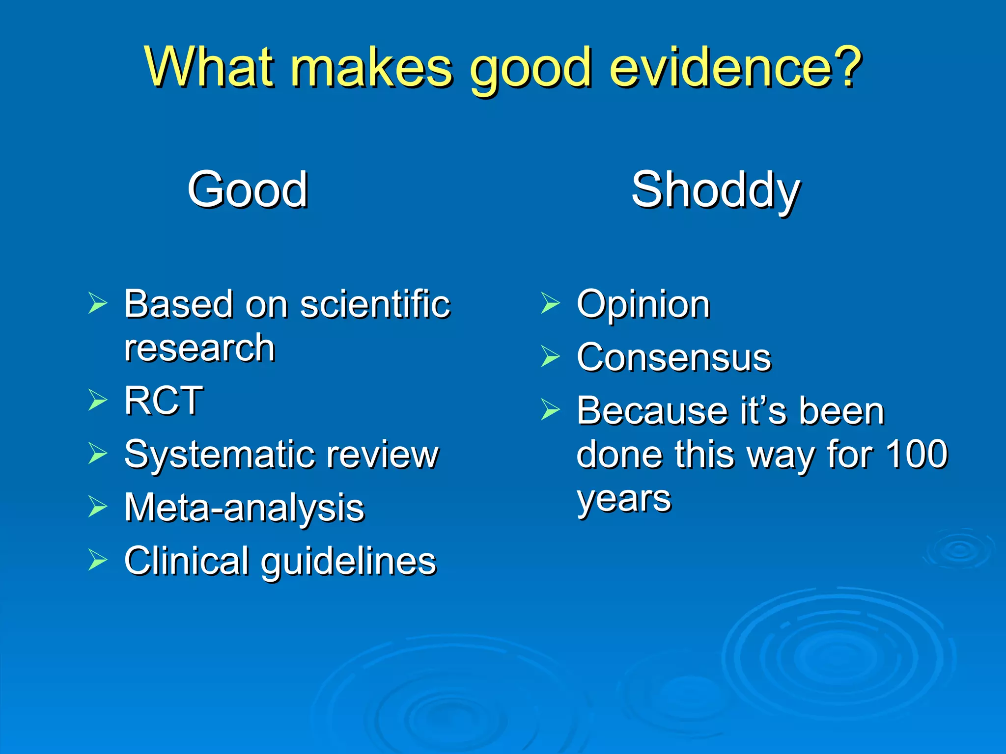 What makes good evidence? Based on scientific research RCT Systematic review Meta-analysis Clinical guidelines Opinion Consensus Because it’s been done this way for 100 years Good Shoddy 
