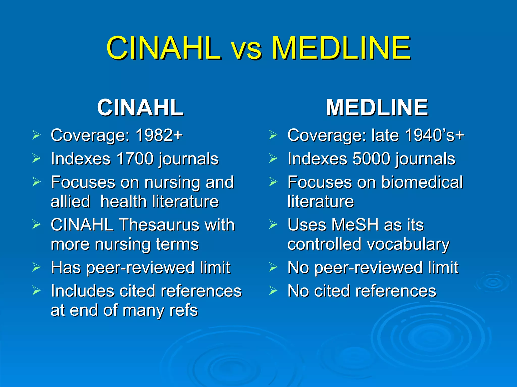 CINAHL vs MEDLINE CINAHL Coverage: 1982+ Indexes 1700 journals Focuses on nursing and allied  health literature CINAHL Thesaurus with more nursing terms Has peer-reviewed limit Includes cited references at end of many refs MEDLINE Coverage: late 1940’s+ Indexes 5000 journals Focuses on biomedical literature Uses MeSH as its controlled vocabulary No peer-reviewed limit No cited references 