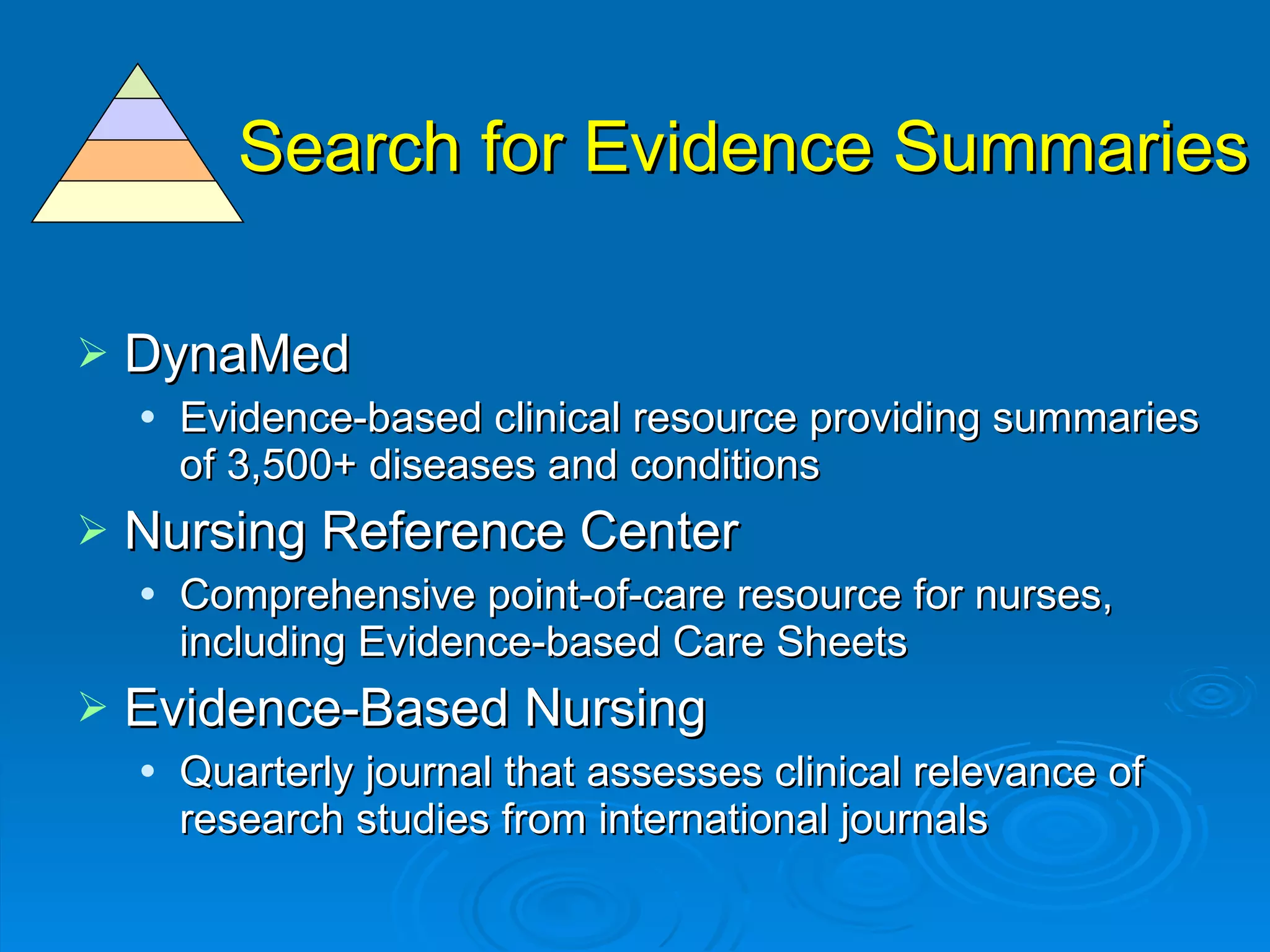 Search for Evidence Summaries DynaMed Evidence-based clinical resource providing summaries of 3,500+ diseases and conditions Nursing Reference Center Comprehensive   point-of-care resource for nurses,  including Evidence-based Care Sheets Evidence-Based Nursing Quarterly journal that assesses clinical relevance of research studies from international journals 