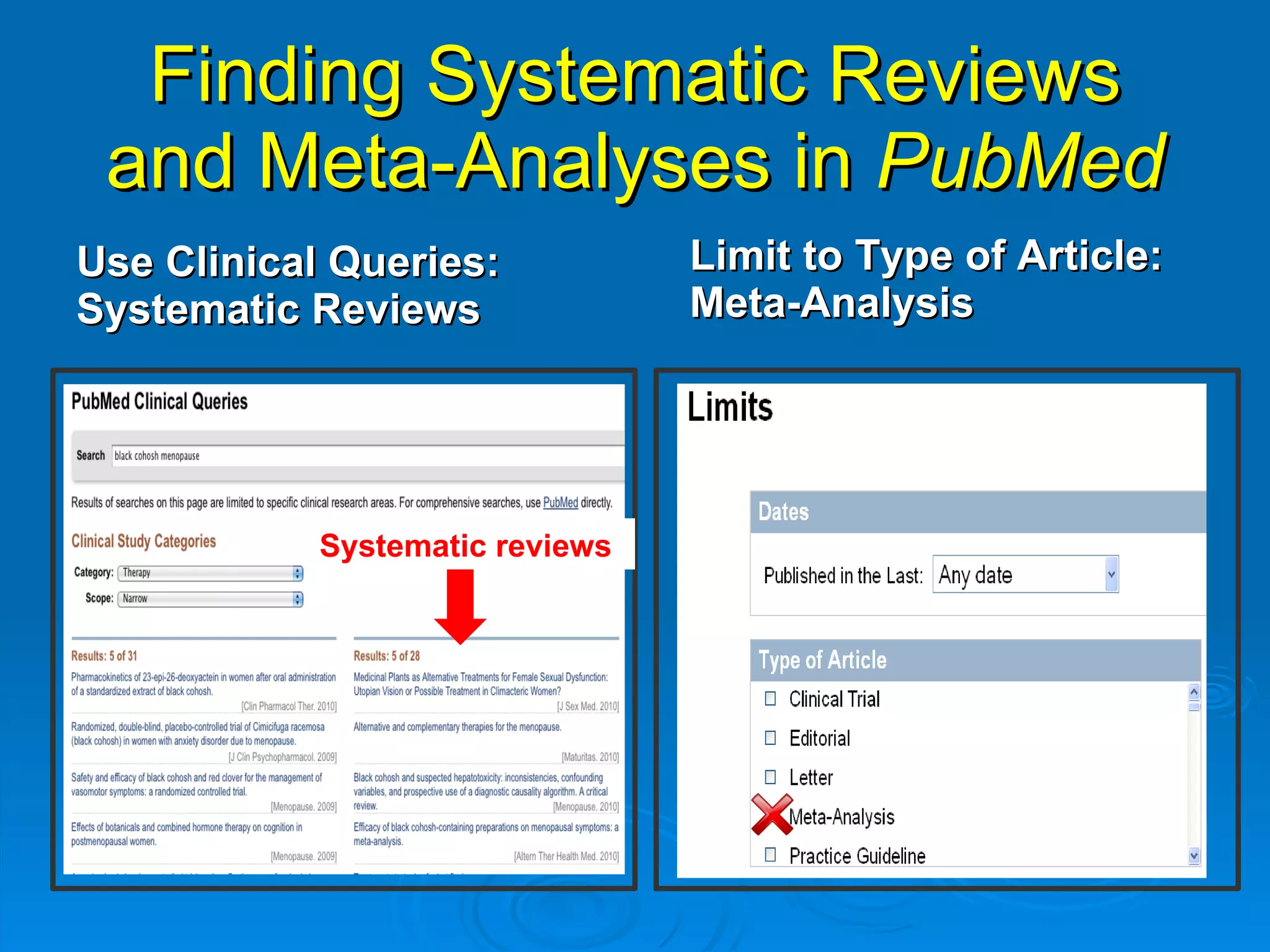 Finding Systematic Reviews and Meta-Analyses in  PubMed Use Clinical Queries: Systematic Reviews Limit to Type of Article: Meta-Analysis Systematic reviews 