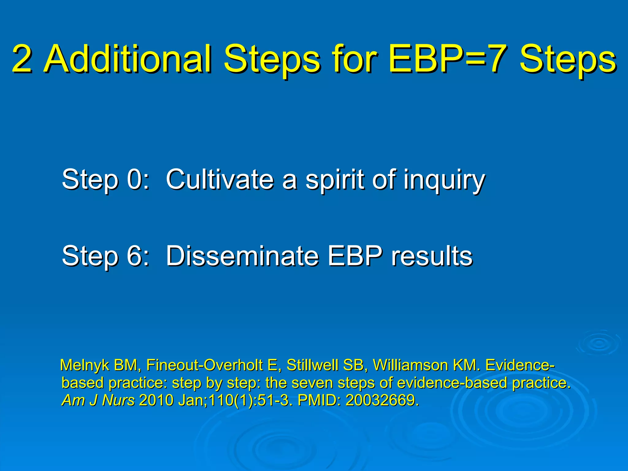 2 Additional Steps for EBP=7 Steps Step 0:  Cultivate a spirit of inquiry Step 6:  Disseminate EBP results  Melnyk BM, Fineout-Overholt E, Stillwell SB, Williamson KM. Evidence-based practice: step by step: the seven steps of evidence-based practice.  Am J Nurs  2010 Jan;110(1):51-3. PMID: 20032669. 