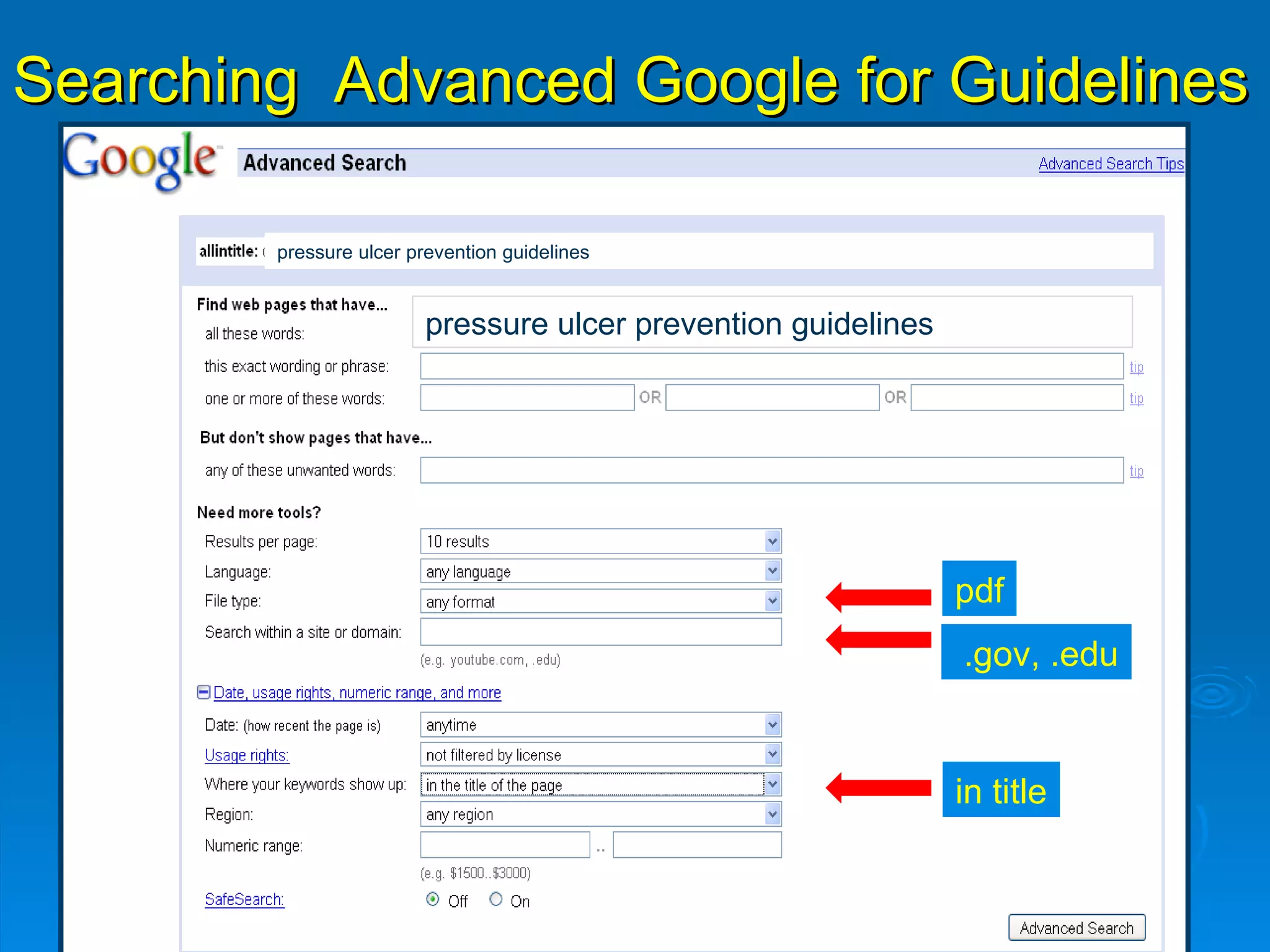 Searching Advanced Google for Guidelines Searching  Advanced Google for Guidelines .gov, .edu pdf in title pressure ulcer prevention guidelines pressure ulcer prevention guidelines 
